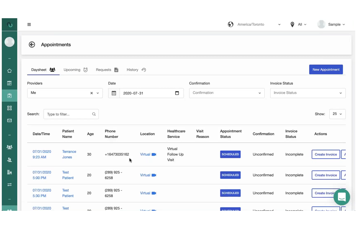 The appointments view for booking staff, navigated to the Daysheet feature which shows all of the day's appointments.